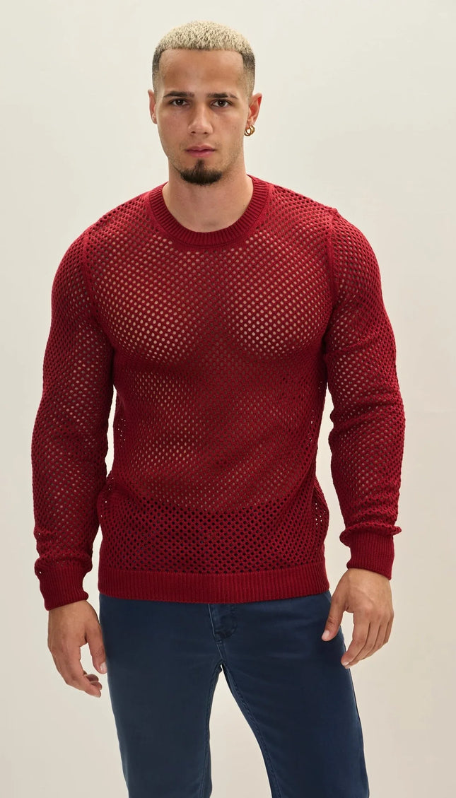 See Through Fishnet Muscle Fit Shirt - Burgundy - Ron Tomson