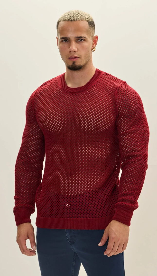 See Through Fishnet Muscle Fit Shirt - Burgundy - Ron Tomson