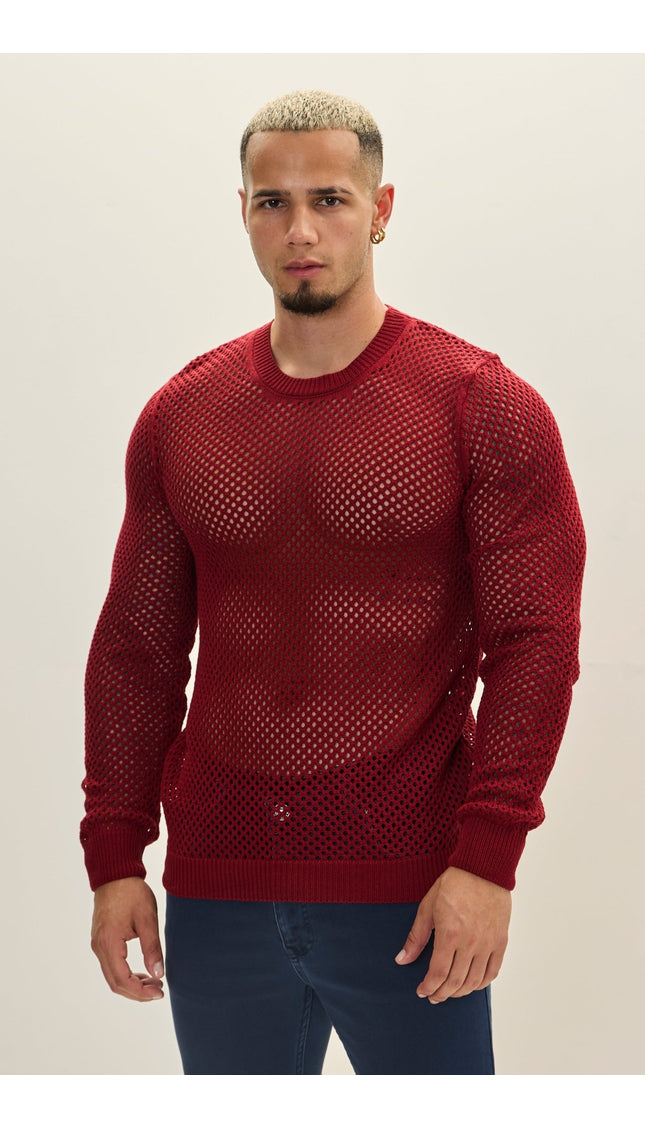 See Through Fishnet Muscle Fit Shirt - Burgundy - Ron Tomson