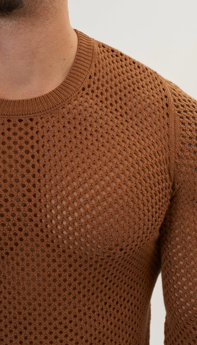 See Through Fishnet Muscle Fit Shirt - Light Brown - Ron Tomson