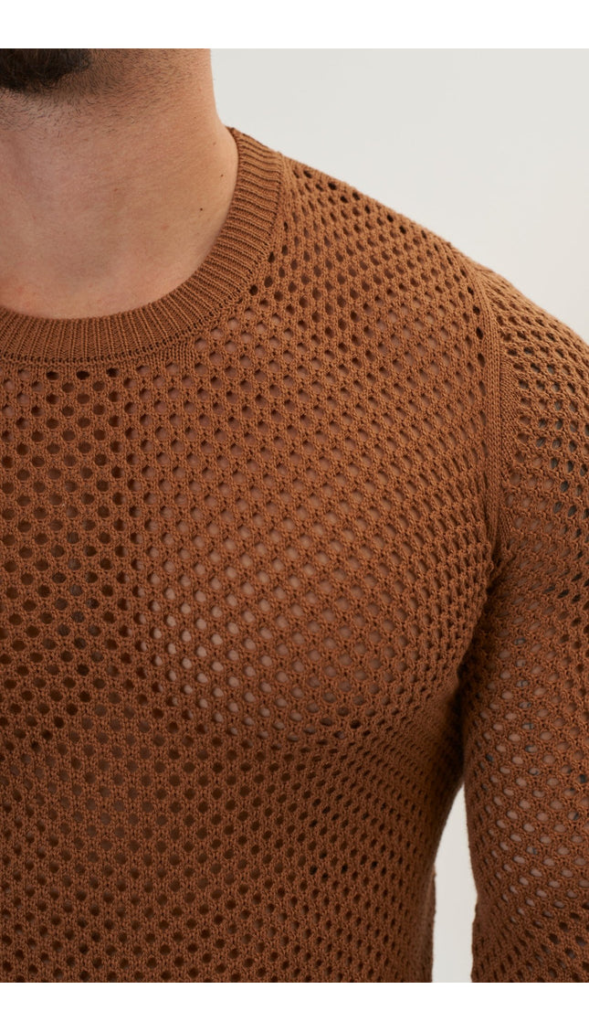 See Through Fishnet Muscle Fit Shirt - Light Brown - Ron Tomson