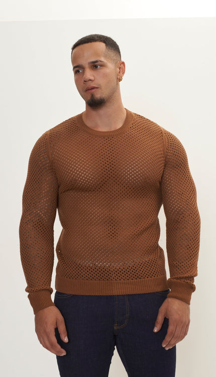 See Through Fishnet Muscle Fit Shirt - Light Brown - Ron Tomson