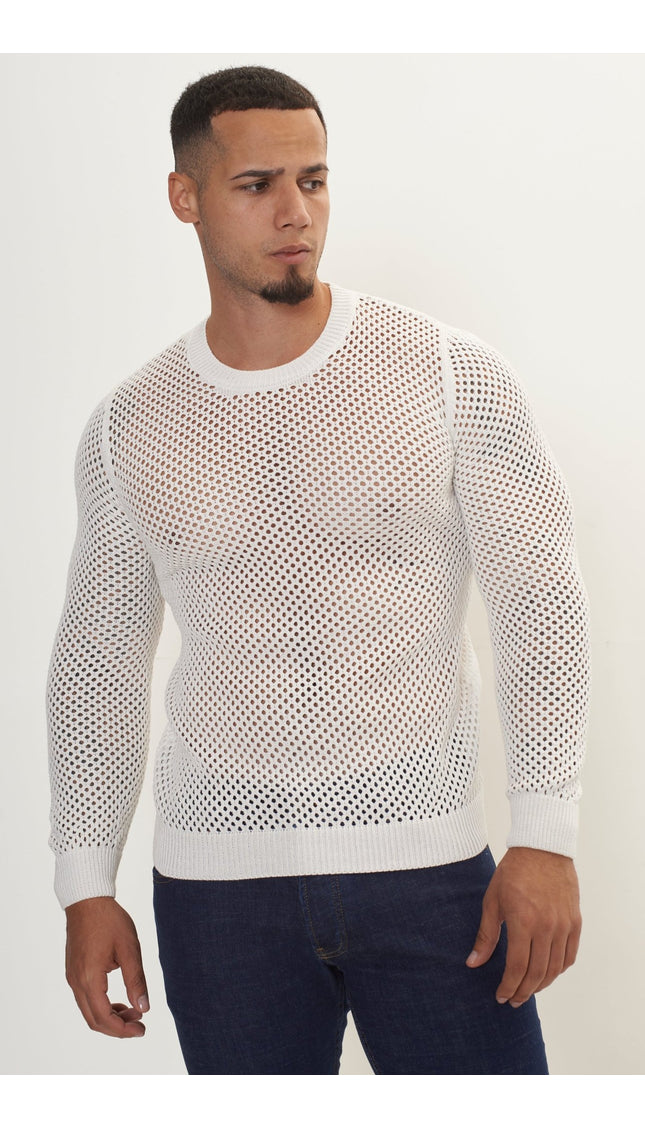See Through Fishnet Muscle Fit Shirt - Off White - Ron Tomson
