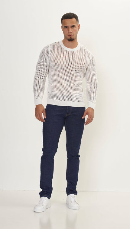 See Through Fishnet Muscle Fit Shirt - Off White - Ron Tomson