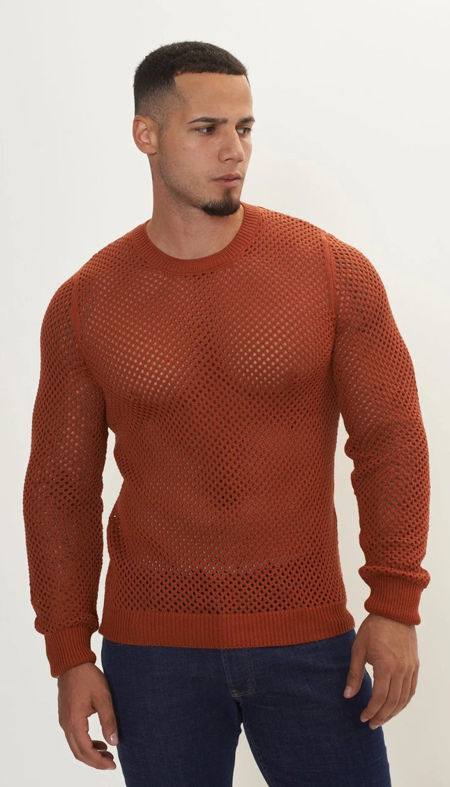 See Through Fishnet Muscle Fit Shirt - Tile - Ron Tomson