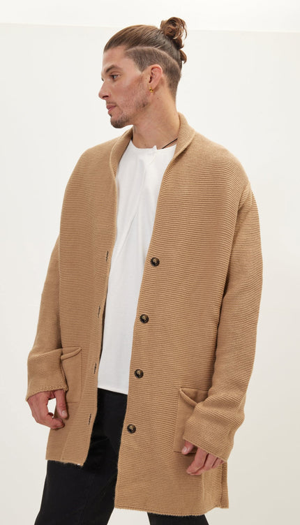 Shawl Lapel Long Cardigan - Camel - Ron Tomson