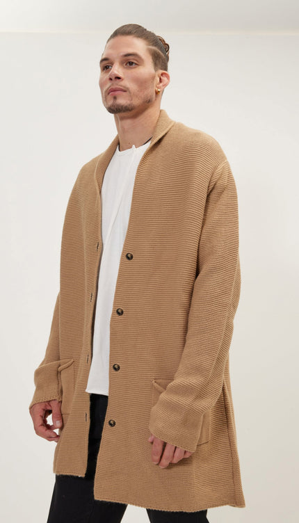 Shawl Lapel Long Cardigan - Camel - Ron Tomson