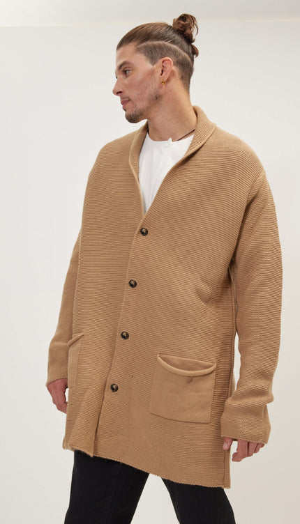 Shawl Lapel Long Cardigan - Camel - Ron Tomson