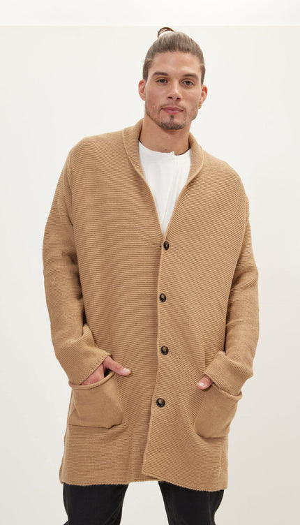 Shawl Lapel Long Cardigan - Camel - Ron Tomson