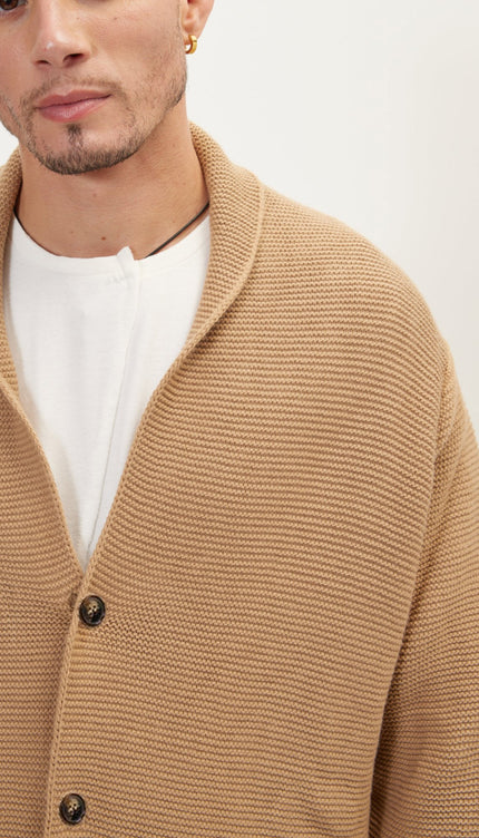 Shawl Lapel Long Cardigan - Camel - Ron Tomson