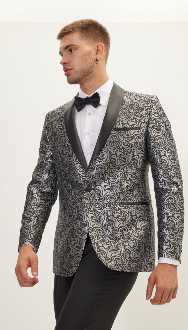 Shawl Lapel Metalic Paisley Tuxedo Jacket - Silver Black - Ron Tomson