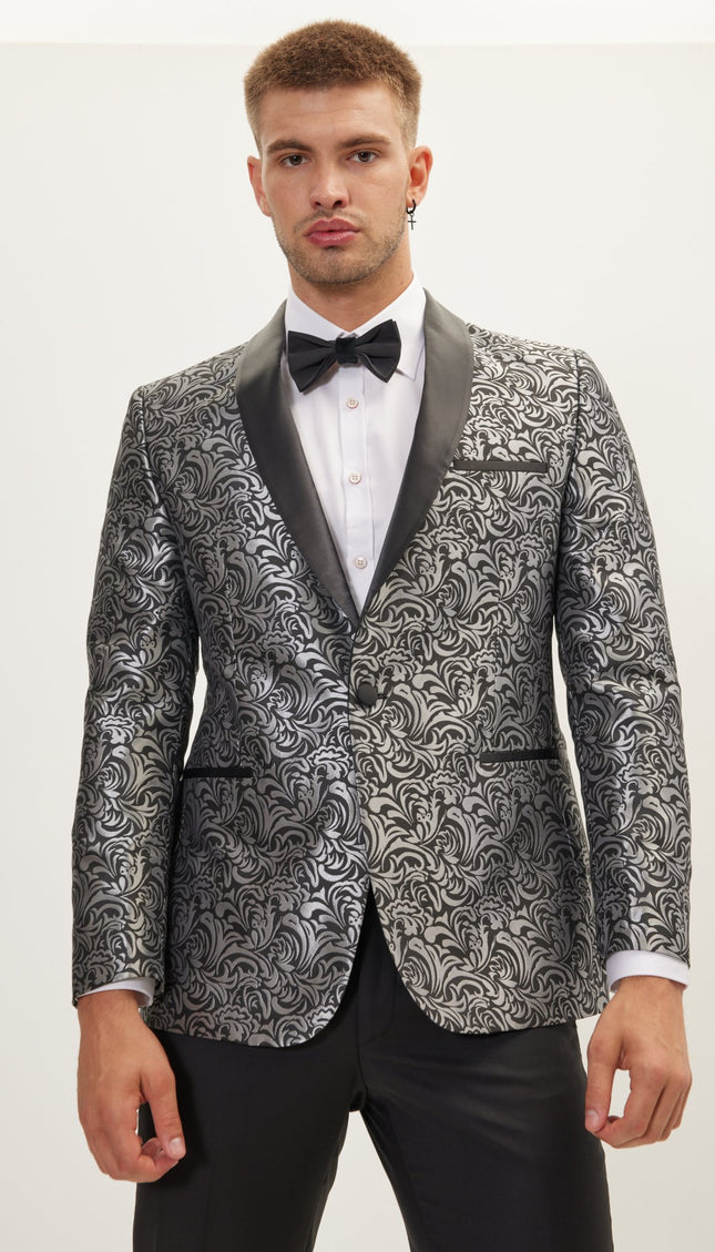 Shawl Lapel Metalic Paisley Tuxedo Jacket - Silver Black - Ron Tomson