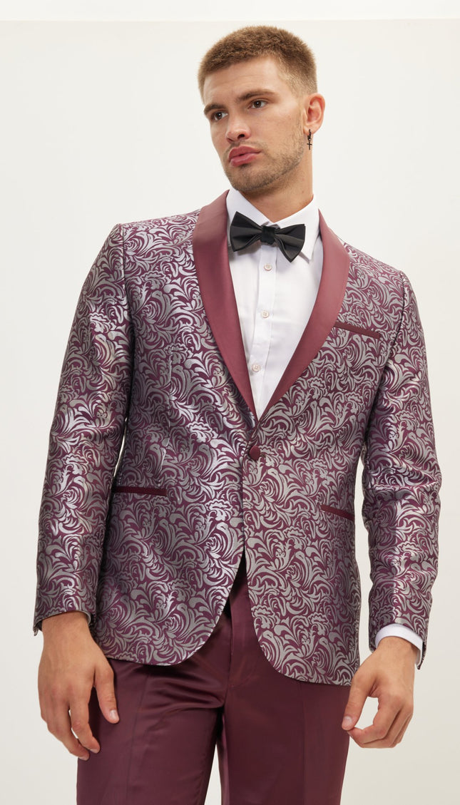 Shawl Lapel Metalic Paisley Tuxedo Jacket - Silver Burgundy - Ron Tomson