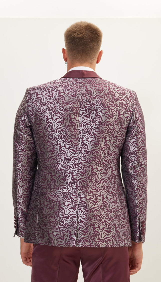Shawl Lapel Metalic Paisley Tuxedo Jacket - Silver Burgundy - Ron Tomson