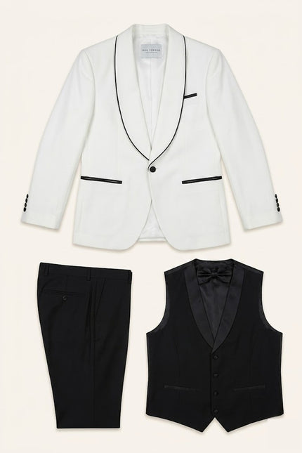 Men's Contrast Shawl 3-Piece Tuxedo - White | Ron Tomson