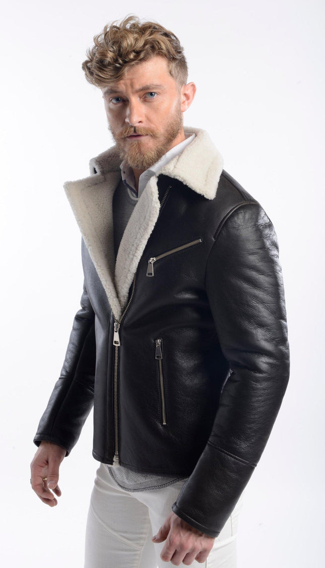 Shearling Lined Leather Flight Jacket - Black - Ron Tomson