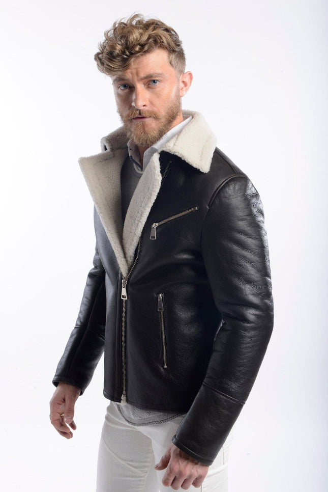 Men's Shearling Lined Leather Flight Jacket - Black - Ron Tomson Leather