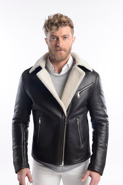 Men's Shearling Lined Leather Flight Jacket - Black - Ron Tomson Leather