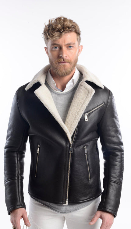 Shearling Lined Leather Flight Jacket - Black - Ron Tomson