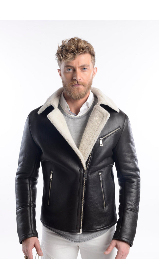 Shearling Lined Leather Flight Jacket - Black - Ron Tomson