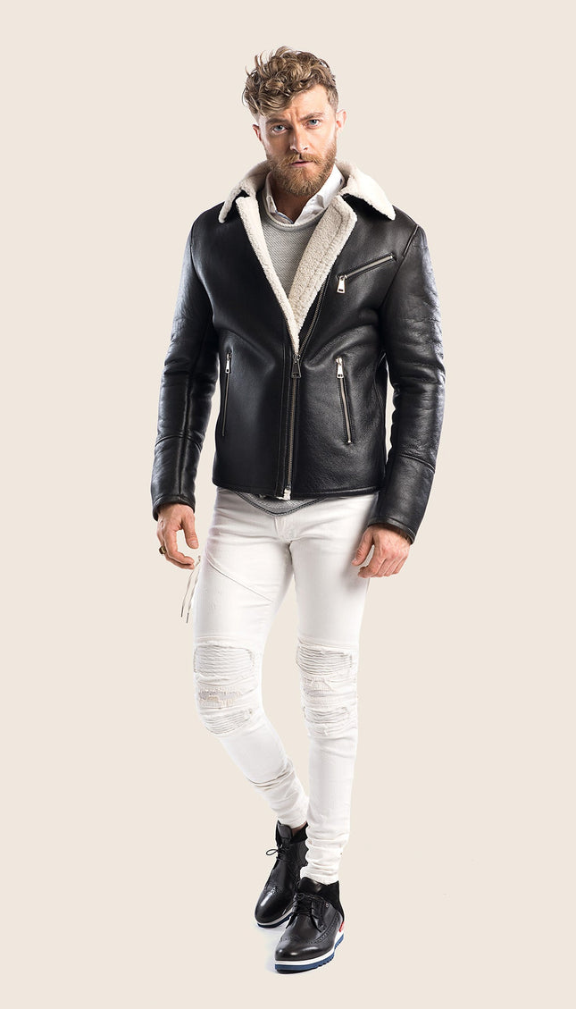 Shearling Lined Leather Flight Jacket - Black - Ron Tomson