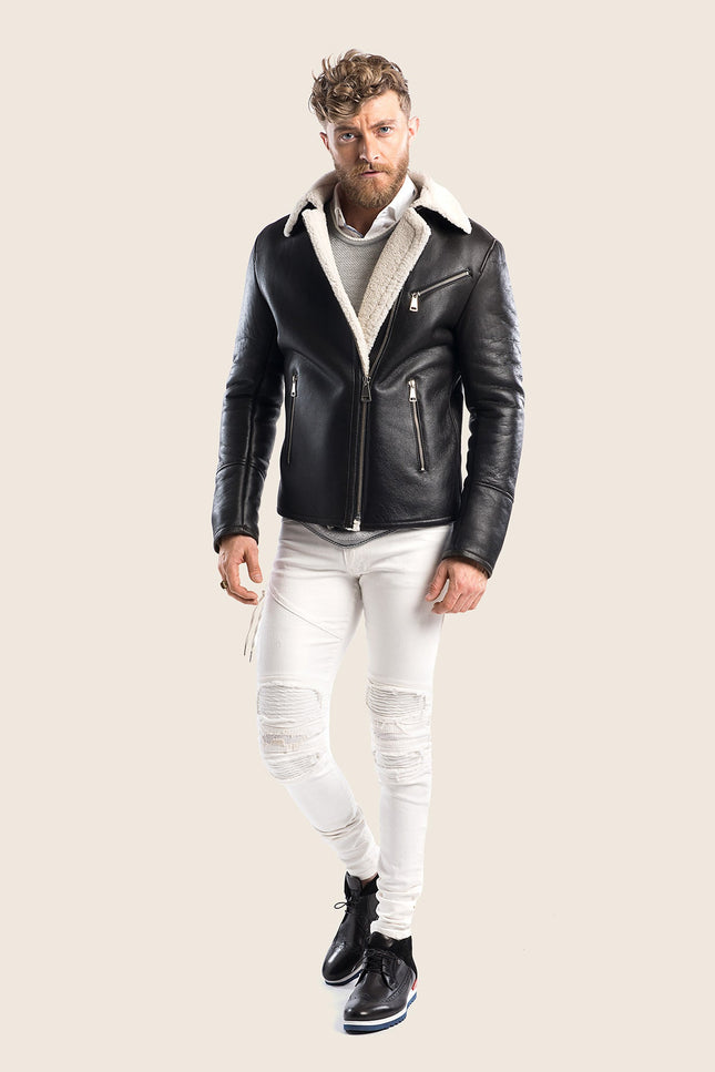 Men's Shearling Lined Leather Flight Jacket - Black - Ron Tomson
