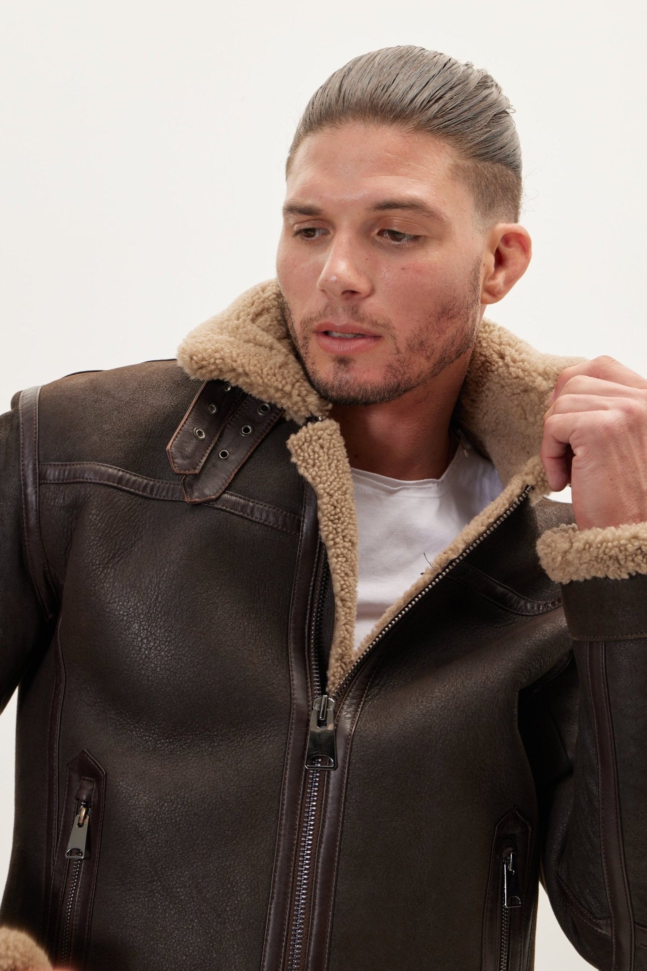 Shearling Lined Leather Jacket - Brown - Ron Tomson