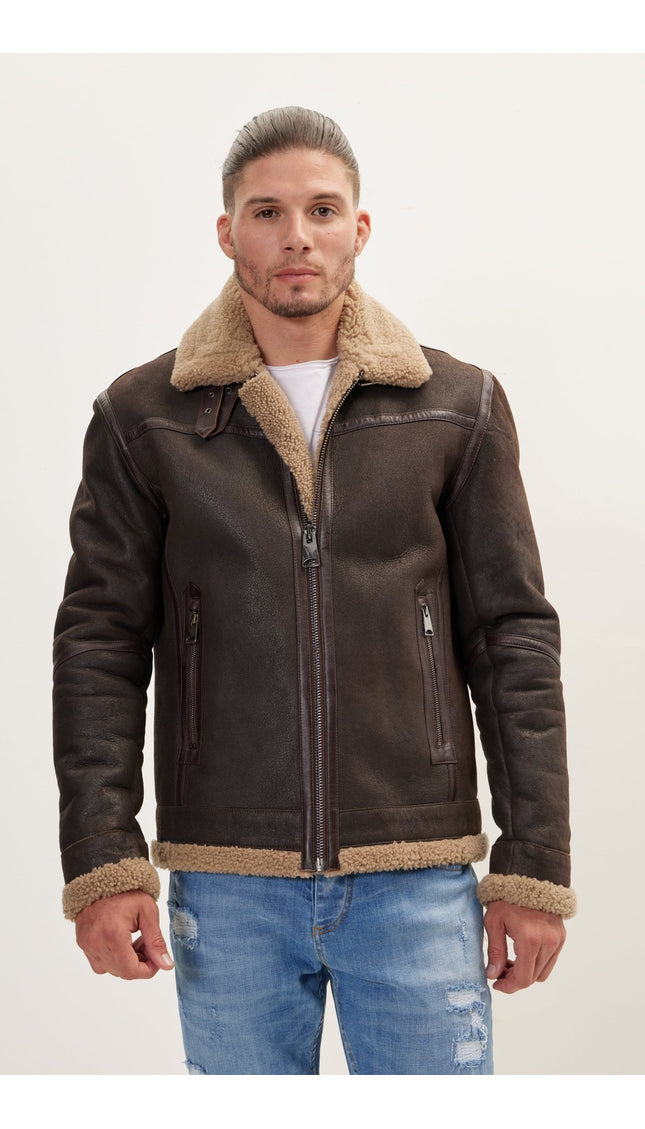 Shearling Lined Leather Jacket - Brown - Ron Tomson