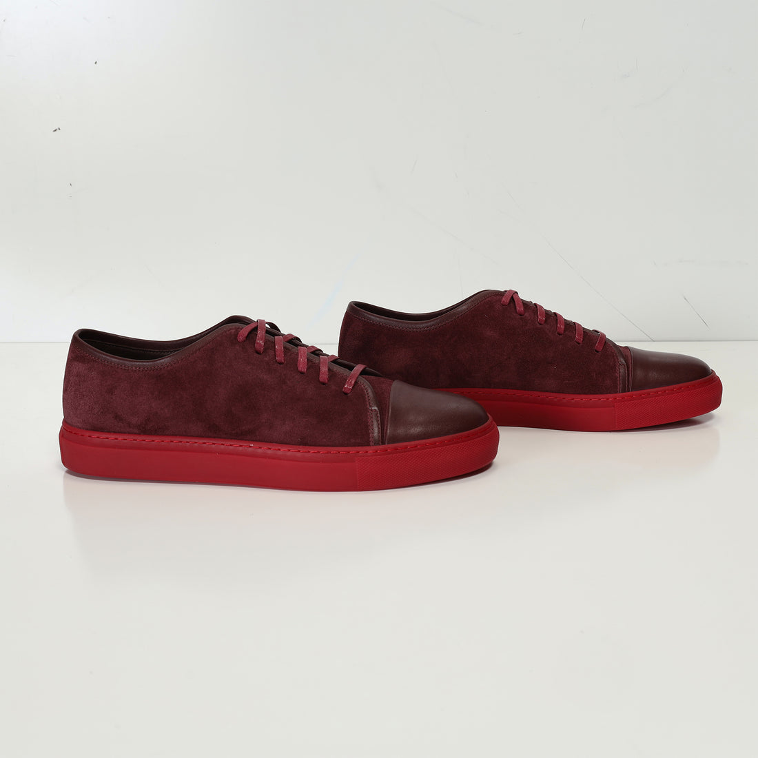Leather and Suede Court Sneakers - Burgundy Red