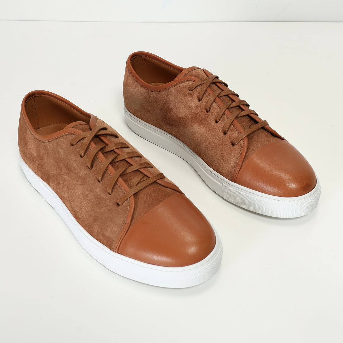 Leather and Suede Court Sneakers - Tan White