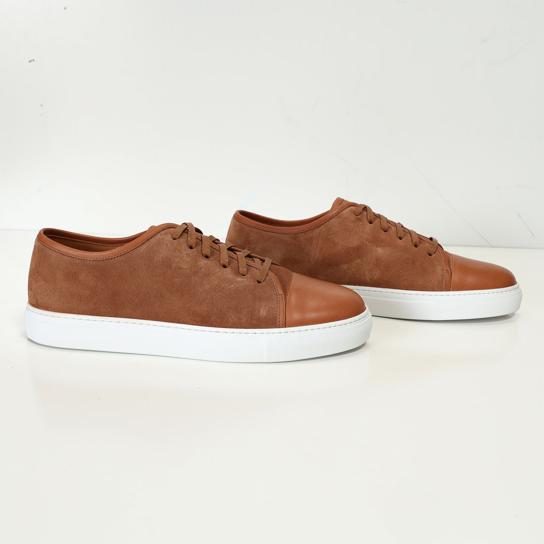 Leather and Suede Court Sneakers - Tan White