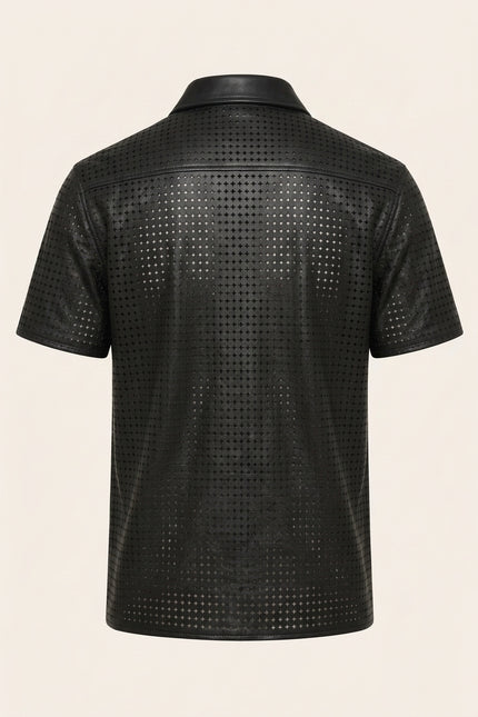 Short Sleeve Cut-Out Leather Shirt - Black - Back