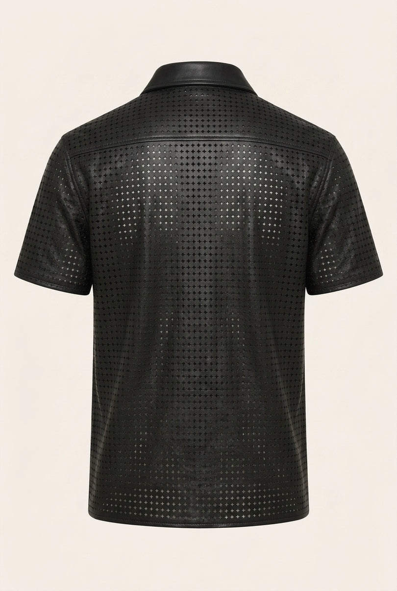 Short Sleeve Cut-Out Leather Shirt - Black - Back