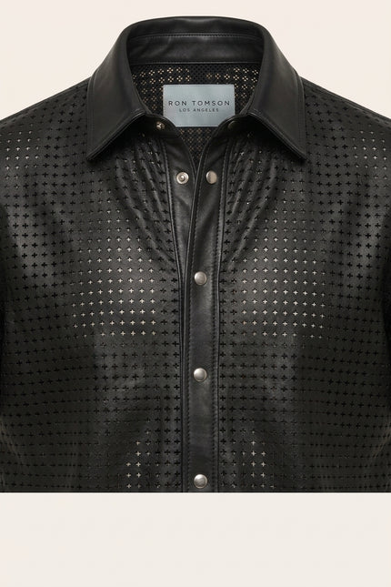 Short Sleeve Cut-Out Leather Shirt - Black - Detail
