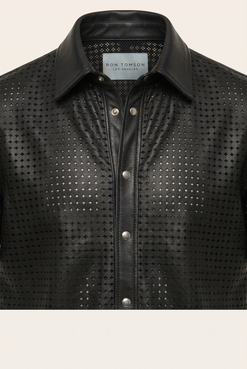 Short Sleeve Cut-Out Leather Shirt - Black - Detail