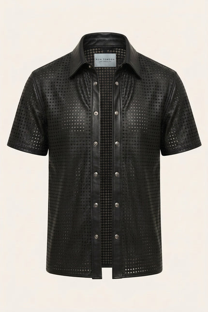 Short Sleeve Cut-Out Leather Shirt - Black - Front (Alt)