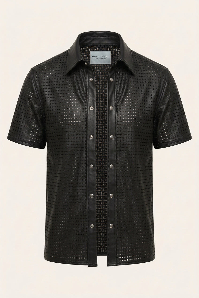 Short Sleeve Cut-Out Leather Shirt