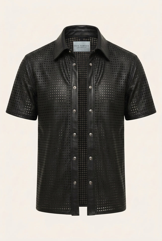 Short Sleeve Cut-Out Leather Shirt - Black - Front (Alt)