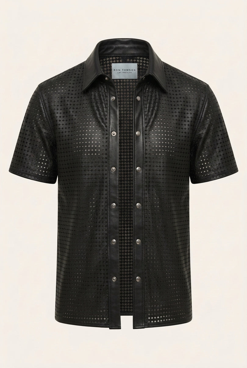 Short Sleeve Cut-Out Leather Shirt - Black - Front (Alt)