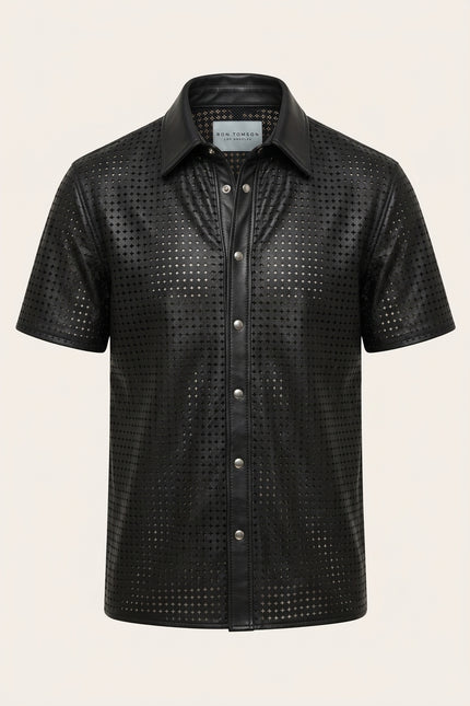 Short Sleeve Cut-Out Leather Shirt - Black - Front