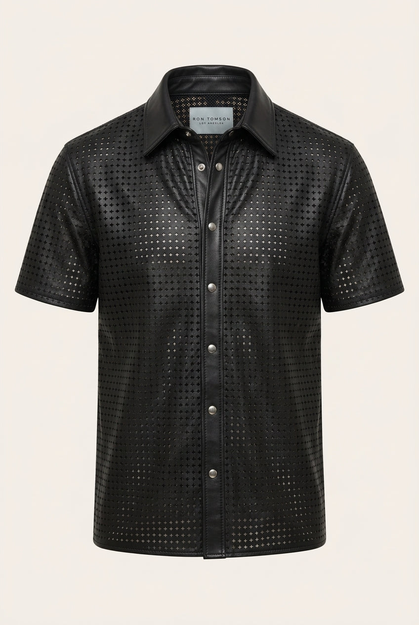 Short Sleeve Cut-Out Leather Shirt