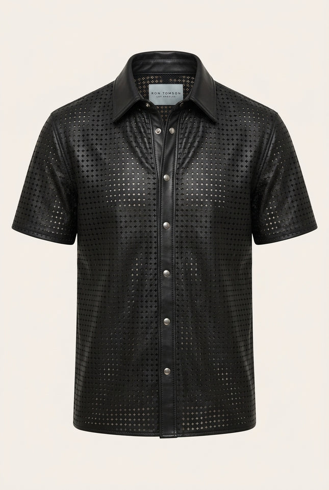 Short Sleeve Cut-Out Leather Shirt - Black - Front
