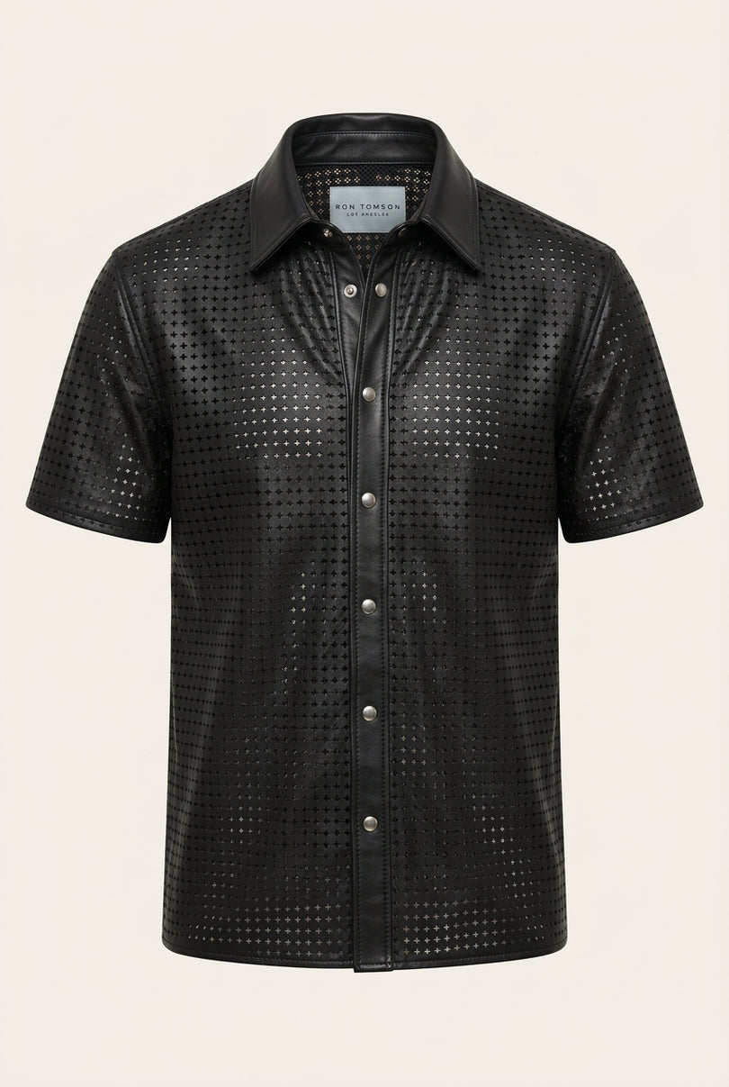 Short Sleeve Cut-Out Leather Shirt - Black - Front