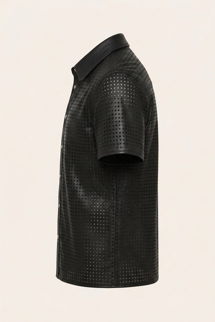 Short Sleeve Cut-Out Leather Shirt - Black - Side