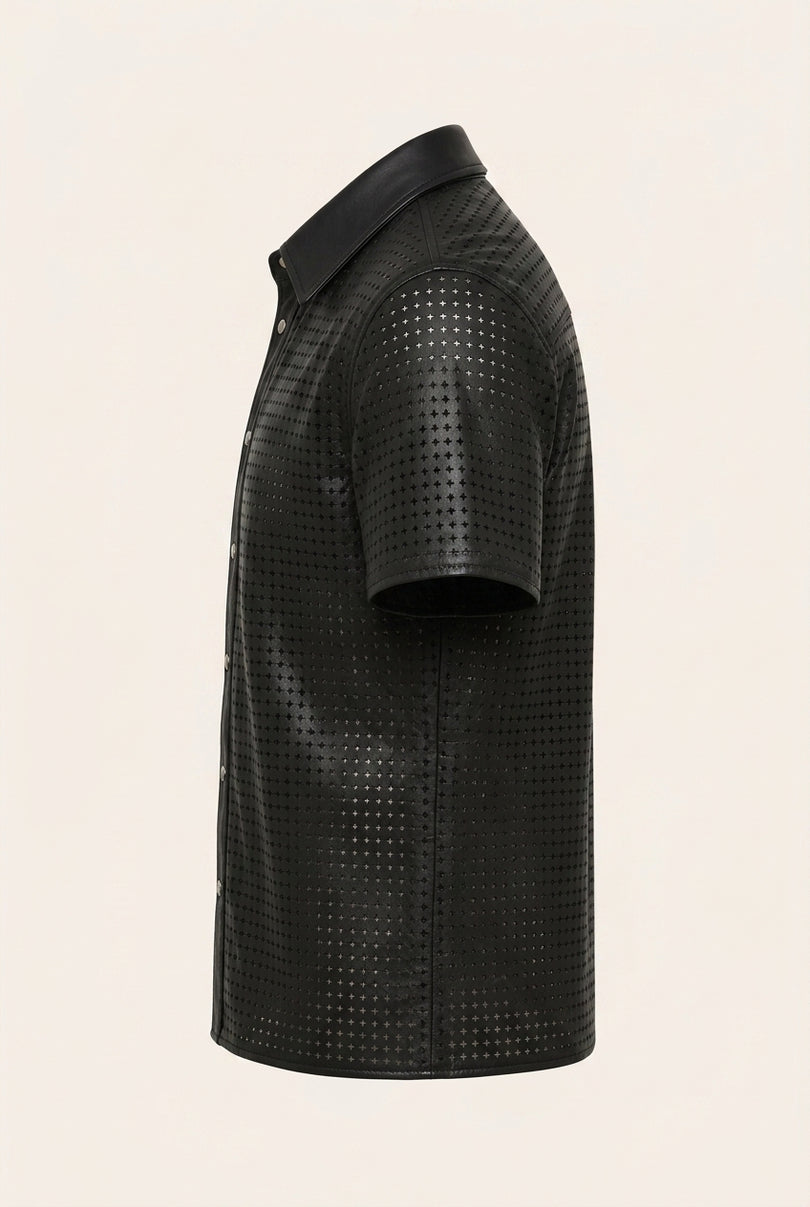 Short Sleeve Cut-Out Leather Shirt - Black - Side