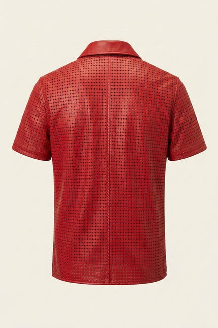 Short Sleeve Cut-Out Leather Shirt - Red - Back