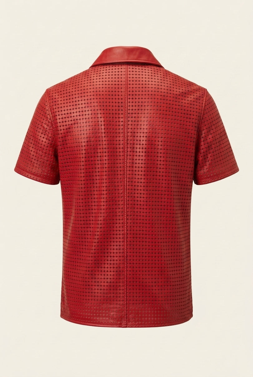 Short Sleeve Cut-Out Leather Shirt - Red - Back
