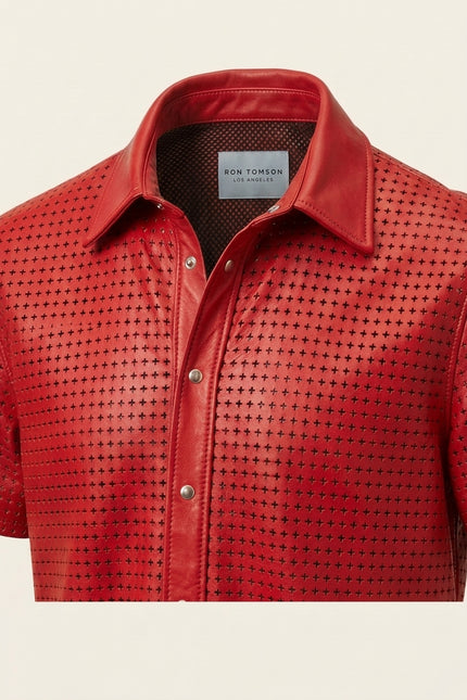 Short Sleeve Cut-Out Leather Shirt - Red - Detail