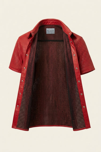 Short Sleeve Cut-Out Leather Shirt - Red - Front (Alt)