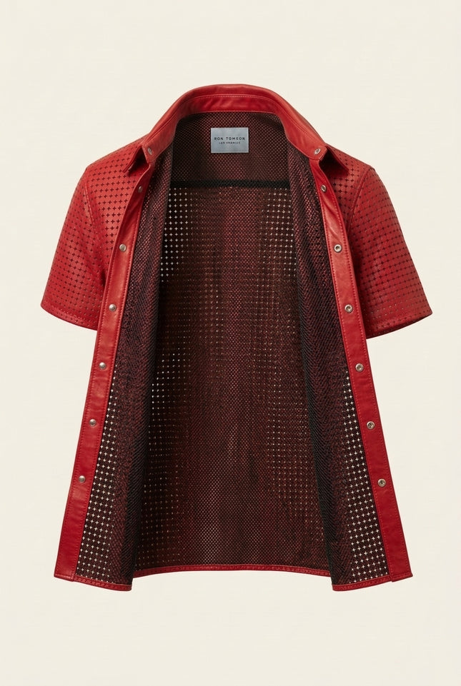 Short Sleeve Cut-Out Leather Shirt - Red - Front (Alt)